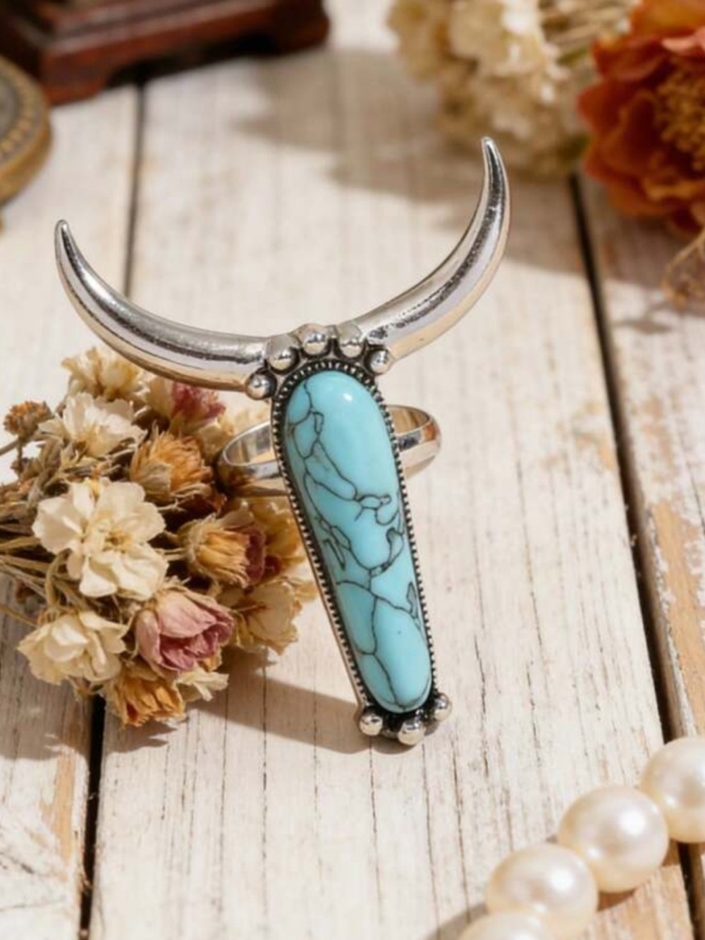 Western Cowboy Style Bull Head Faux Turquoise Adjustable Ring - Picture 5 of 10
